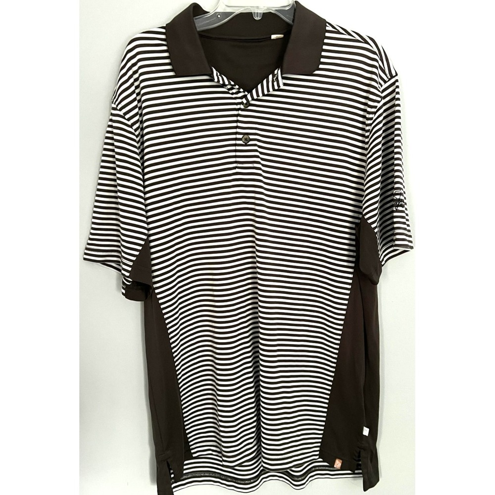 Golf Polo Shirt Hawktree Logo On Arm Mens XL Brown White Striped Performance